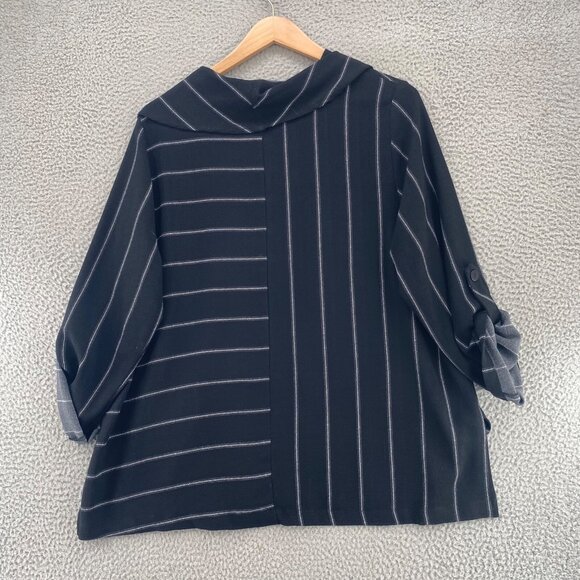Soft Surroundings Top Womens 1X Plus Black Striped Cowl Neck Roll Tab Sleeves - Picture 11 of 11